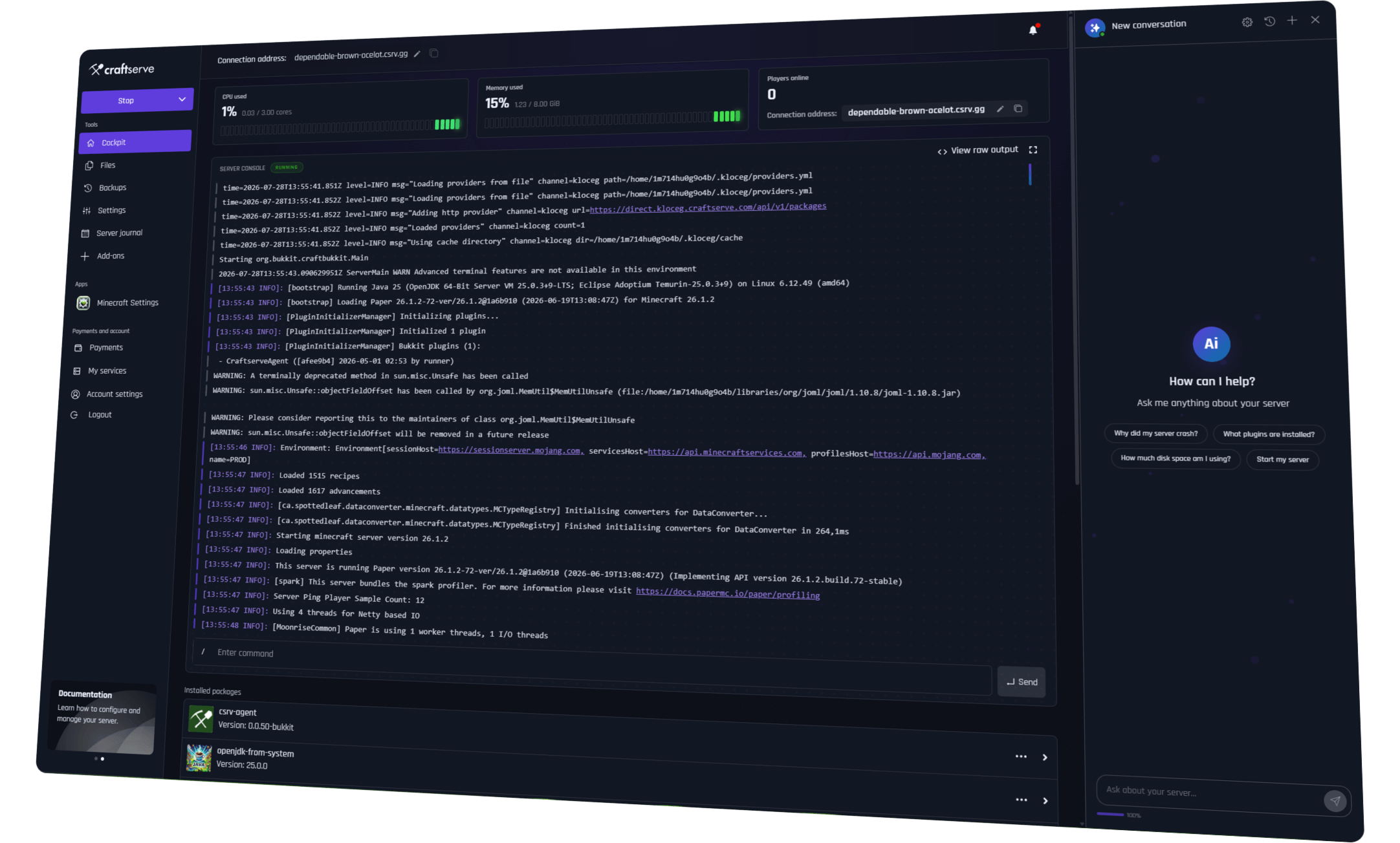 Screenshot of the Craftserve server management panel